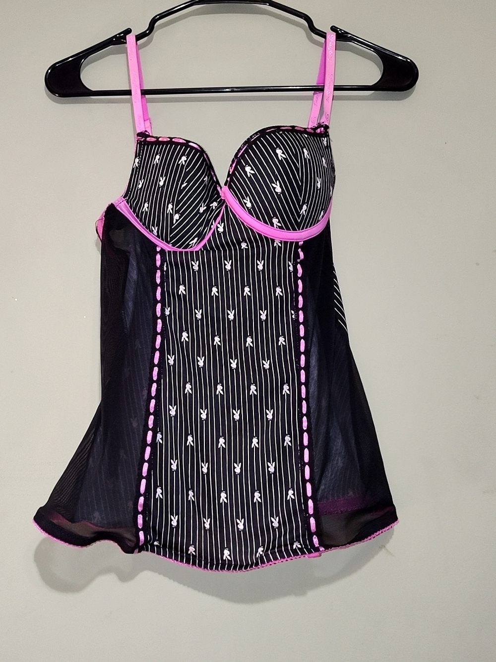 Rare Vintage PLAYBOY Black And Pink Chemise with Pink Trim